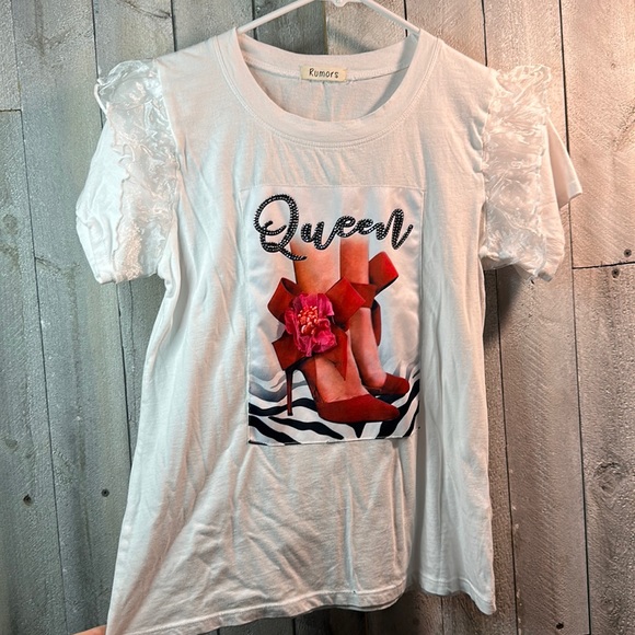 White shirt with ruffle shoulders. Worn once. Size small - Picture 1 of 4